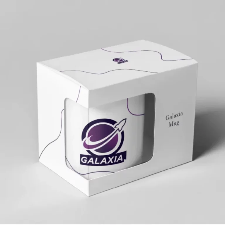 Visuel : tasse avec emballage du projet Galaxia en mockup