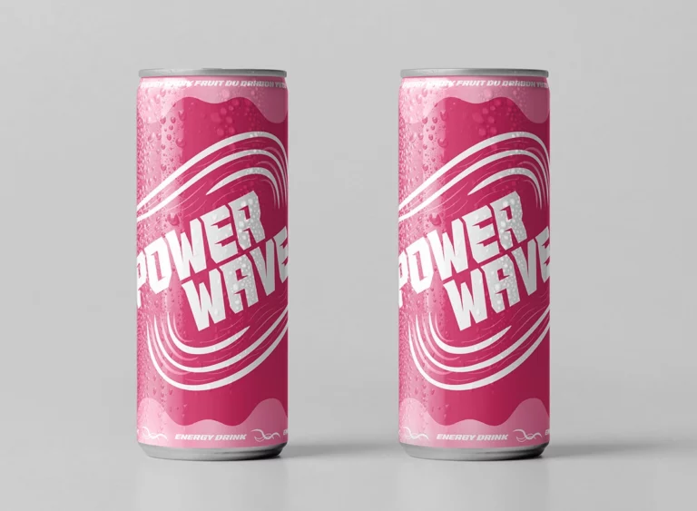 Visuel : deux canettes Powerwave goût fruit du dragon yuzu posées sur fond blanc