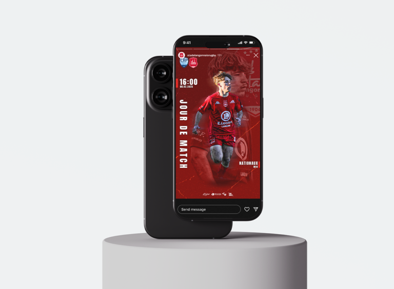 Visuel mockup téléphone vertical montrant une story Instagram du Stade Langonnais Rugby