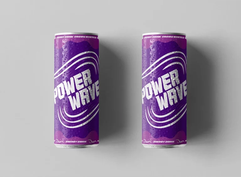 Visuel : deux canettes Powerwave cassis-myrtille posées sur un fond blanc